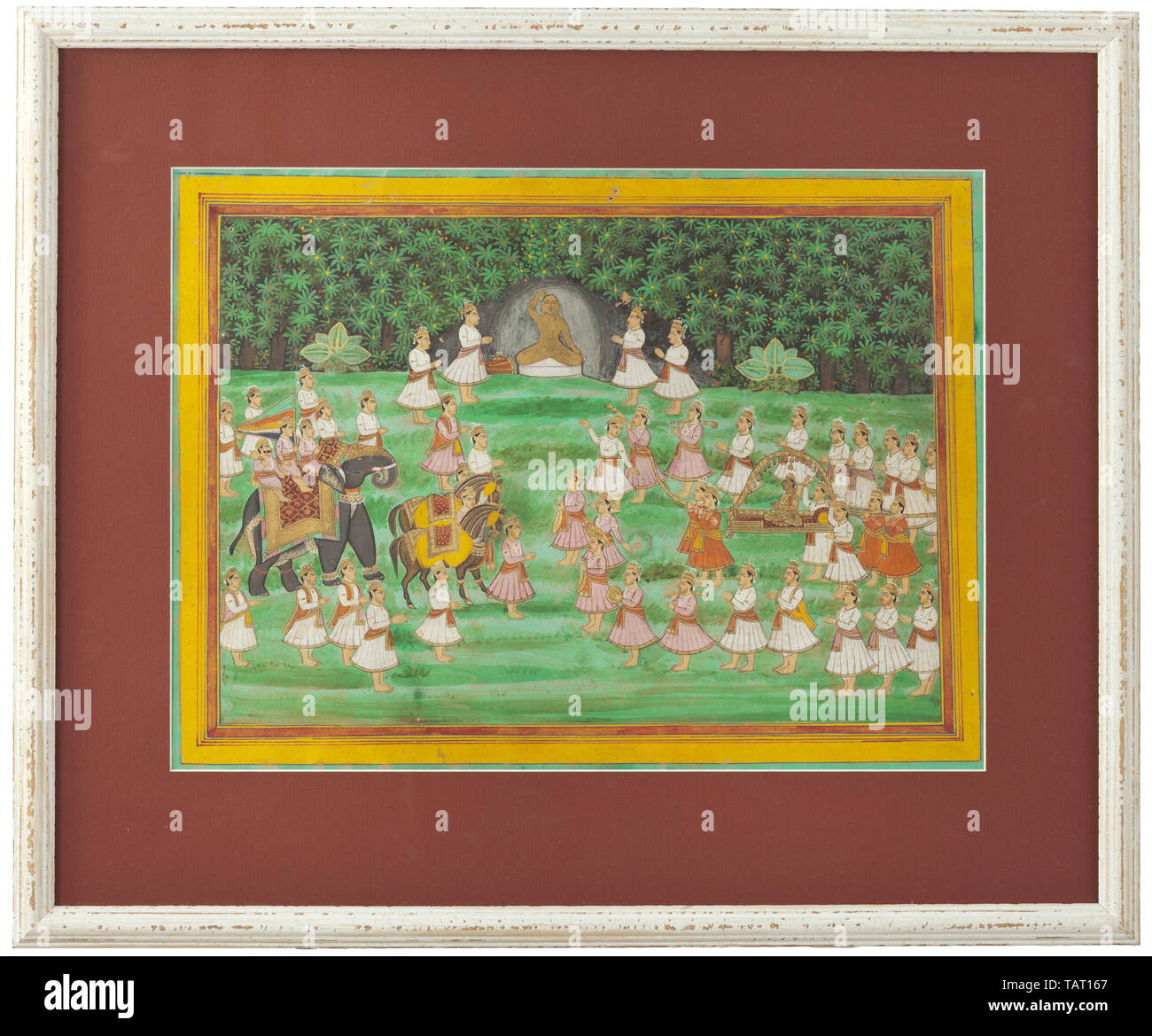 An Indian miniature, Gujarat, 19th century, Gouache on paper. Multi-figural scene. the divine Neminath performing the ritual of Panch Mushtiloch and turning into a God in the presence of his wife (sitting in a sedan on the right). Mounted, framed, and under glass. Dimensions of miniature 28 x 38 cm, framed 44.5 x 53.5 cm. historic, historical 19th century, Additional-Rights-Clearance-Info-Not-Available Stock Photo