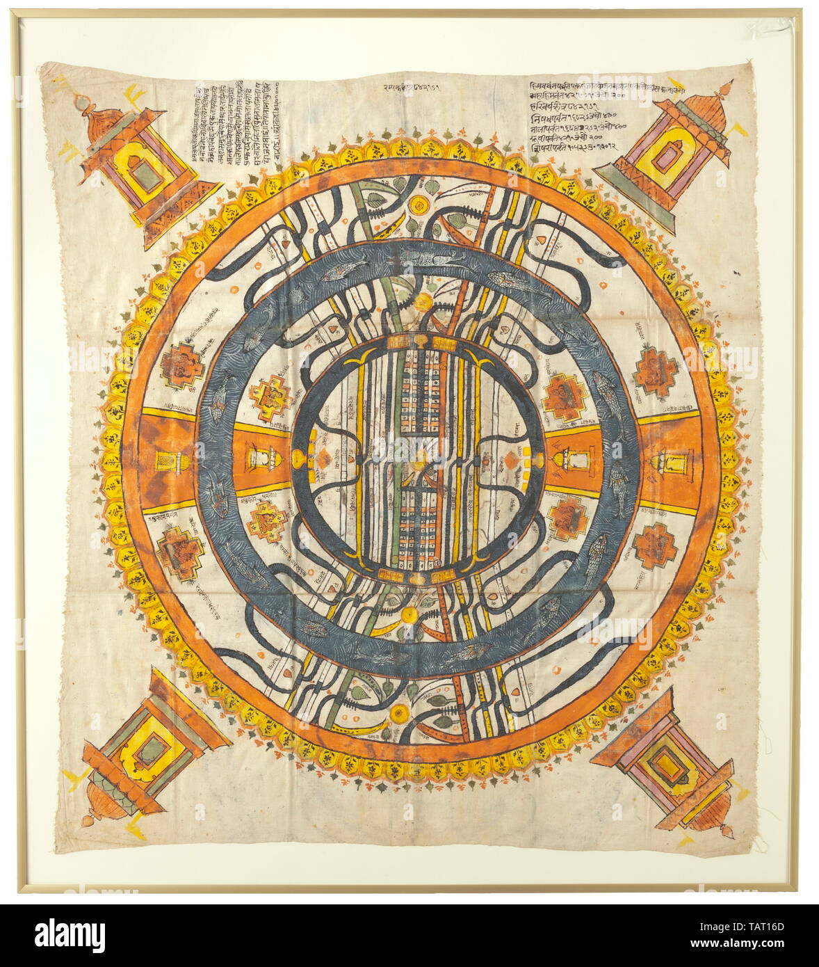 Depiction of Jain cosmology, Gujarat, 19th century, Gouache on cotton. Richly coloured portrayal of the 'two and a half continents' (Adhaidvipa) with the palace of the four Tirthankaras in each corner. In the centre and at the border explanatory text. Framed and under glass. Dimensions of cloth ca. 71 x 81 cm, of frame 81 x 91 cm. Cf. Jan van Alphen, 2500 Years of Jain Art and Religion, Antwerp (Etnografisch museum) 2000, pp. 117 - 120. historic, historical 19th century, Additional-Rights-Clearance-Info-Not-Available Stock Photo