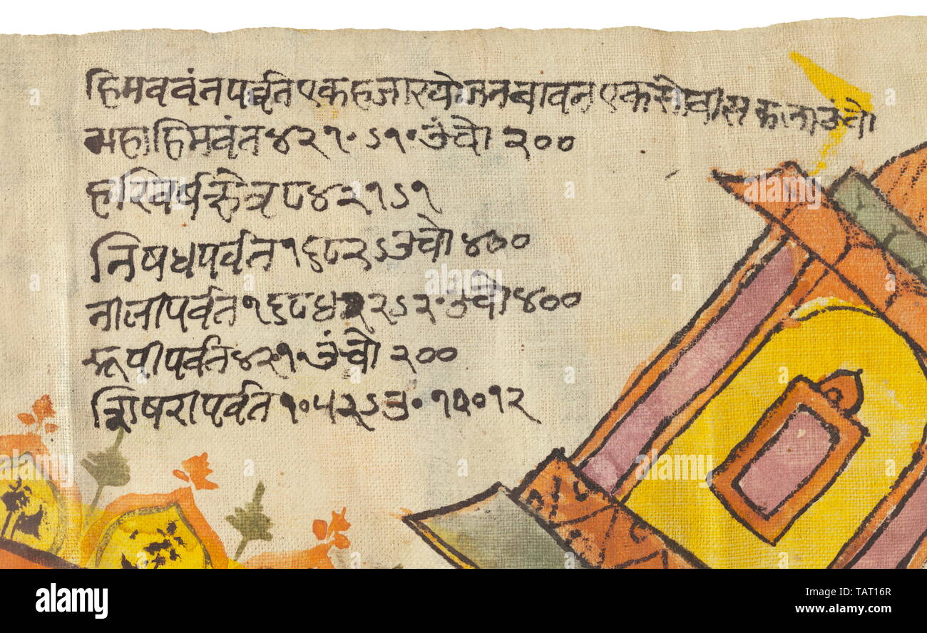 Depiction of Jain cosmology, Gujarat, 19th century, Gouache on cotton. Richly coloured portrayal of the 'two and a half continents' (Adhaidvipa) with the palace of the four Tirthankaras in each corner. In the centre and at the border explanatory text. Framed and under glass. Dimensions of cloth ca. 71 x 81 cm, of frame 81 x 91 cm. Cf. Jan van Alphen, 2500 Years of Jain Art and Religion, Antwerp (Etnografisch museum) 2000, pp. 117 - 120. historic, historical 19th century, Additional-Rights-Clearance-Info-Not-Available Stock Photo