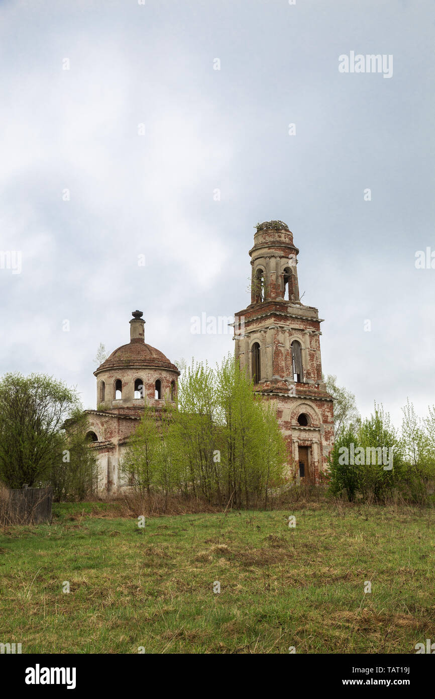Ruins of an old abandoned russian church with bell tower. The Church of ...