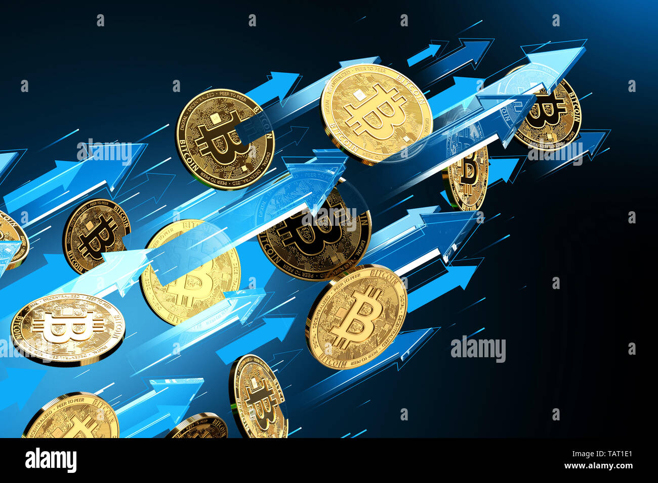 Blue arrows points up as Bitcoin (BTC) price rises. Cryptocurrency prices  grow, high risk - high profits concept. 3D rendering Stock Photo - Alamy
