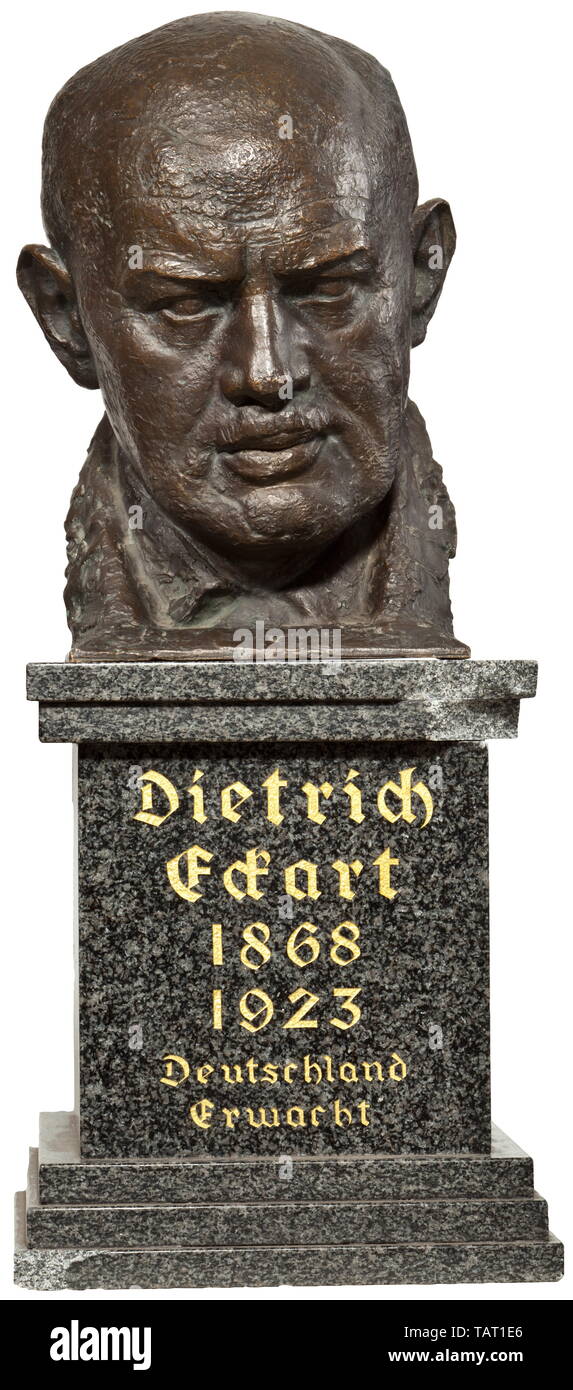 Prof. Ferdinand Liebermann (1883 - 1941) - a bronze head of Dietrich Eckart, On the left side the artist's signature 'Ferdinand Liebermann' and the foundry name 'G. Wagner München'. On a damaged marble base with golden inscription 'Dietrich Eckart 1868 - 1923 - Deutschland erwacht'. Height 33,5 cm. The base has certainly been produced after the Second World War, the head may be of an earlier date but we have to note that the founder is so far unknown to us. Expressive portrayal of the pugnacious poet, NSDAP founding member and chief editor of the 'Völkischer Beobachter', wh, Editorial-Use-Only Stock Photo
