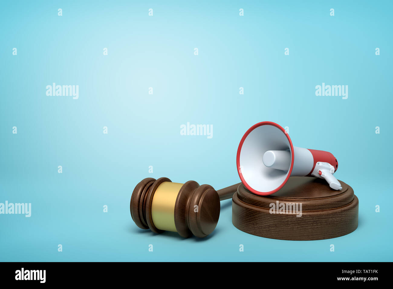 3d rendering of megaphone on round wooden block and brown wooden gavel on blue background Stock Photo