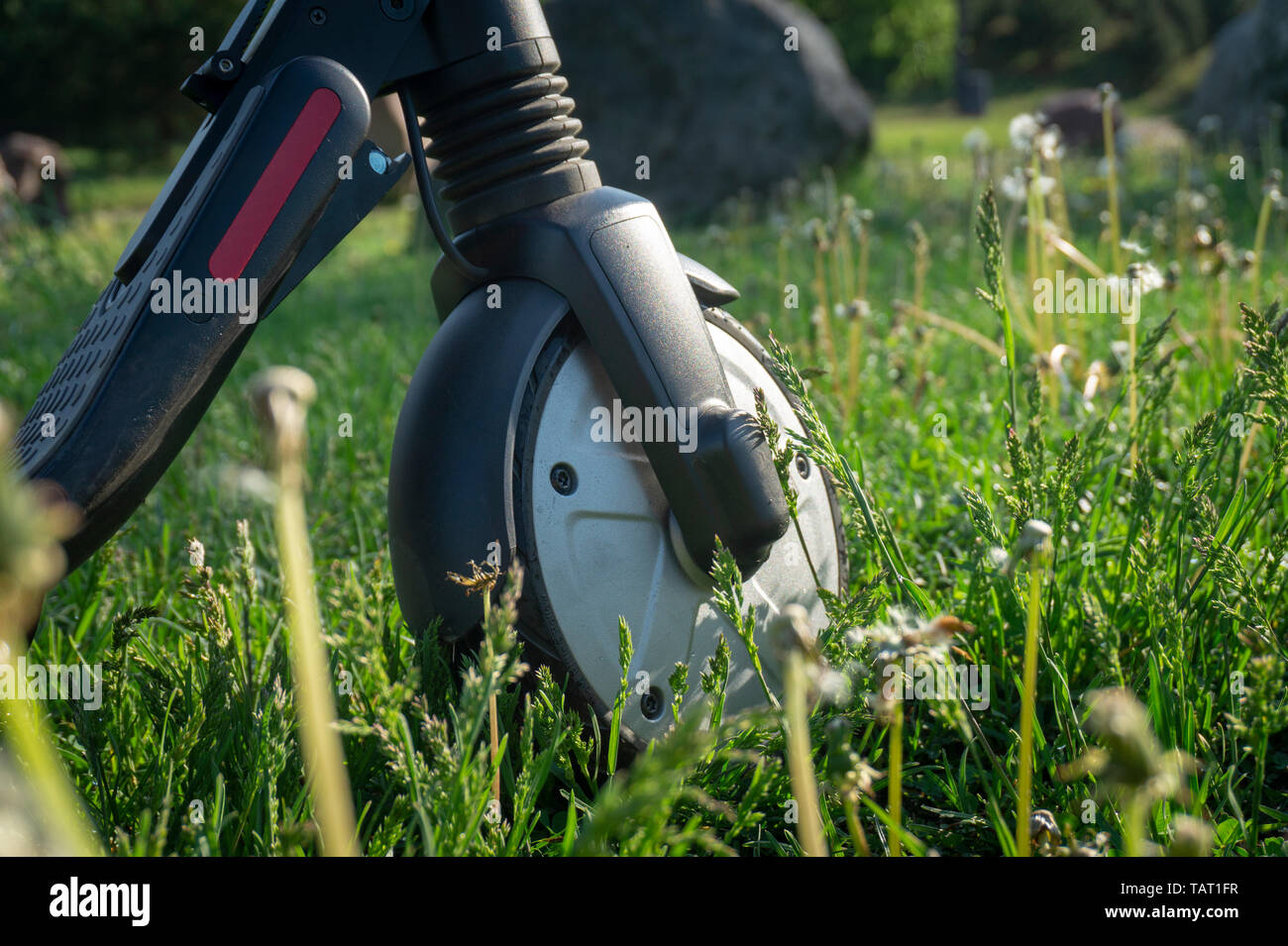 Front wheel of a scooter on meadow grass in a close up low angle view