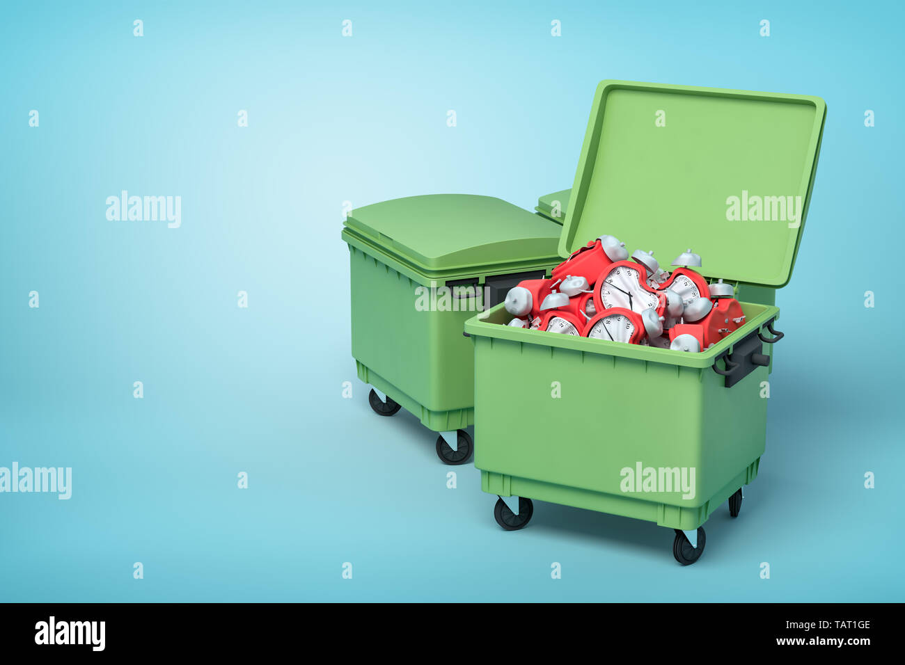 3d rendering of two green trash cans, front can open and full of broken and bent red alarm clocks, on light-blue background. Stock Photo