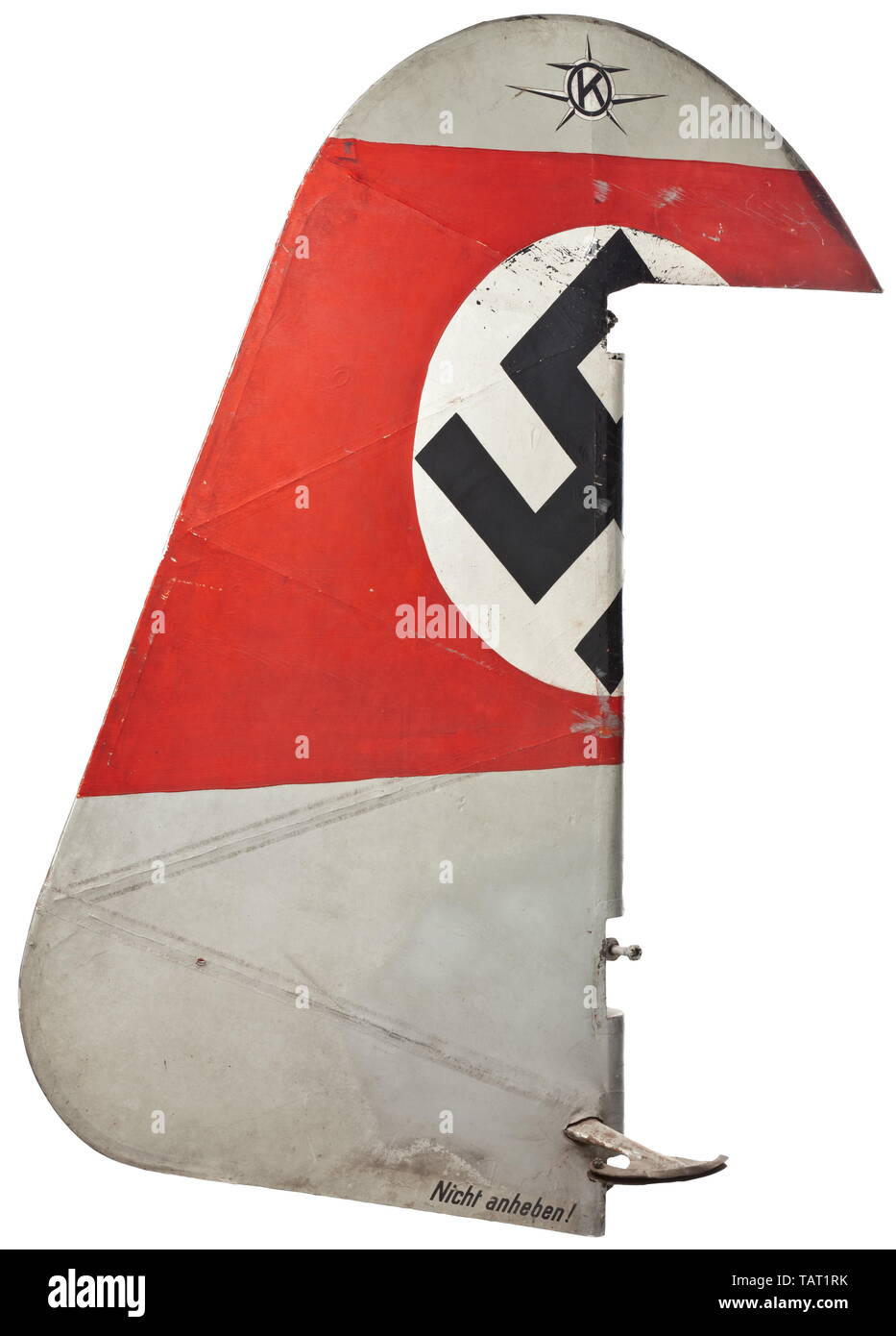 Pilot Georg Resch - a movable empennage of the Klemm 25 with registration 'D-ENIP', Lightweight rudder with original finish. At top the emblem of the Klemm aircraft company, at centre a swastika on white ground and red banner. At bottom the inscription 'Georg Resch, München Tal 33.' At the side a plaque with type specifications 'LFK Kennzeichen - L 25 Sr 6', mounted parts. Dimensions circa 130 x 100 x 33 cm. The Klemm 25, later Kl 25, was produced by the German aircraft manufacturer Klemm GmbH. Only very few planes of this type are existent and functioning today. The Kl 25 , Editorial-Use-Only Stock Photo