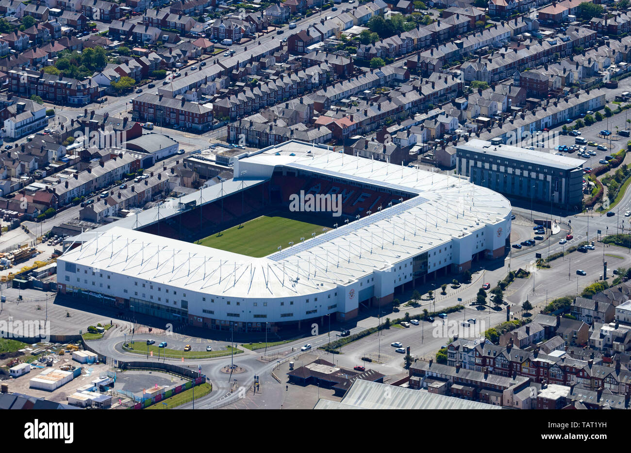 Bloomfield Road, home of Blackpool FC, from the air, on a sunny summer day, north west England, UK Stock Photo