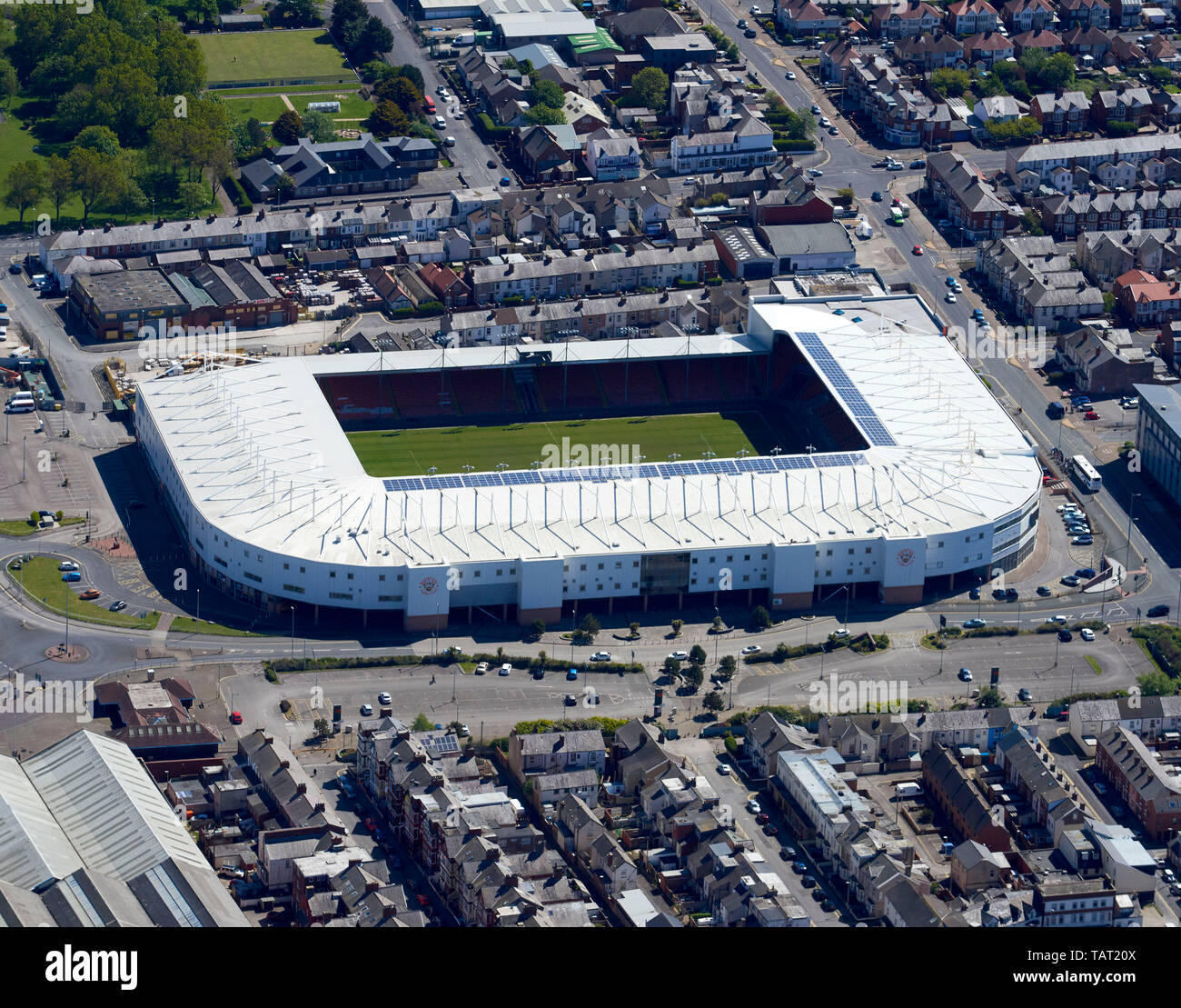 Bloomfield Road, home of Blackpool FC, from the air, on a sunny summer day, north west England, UK Stock Photo