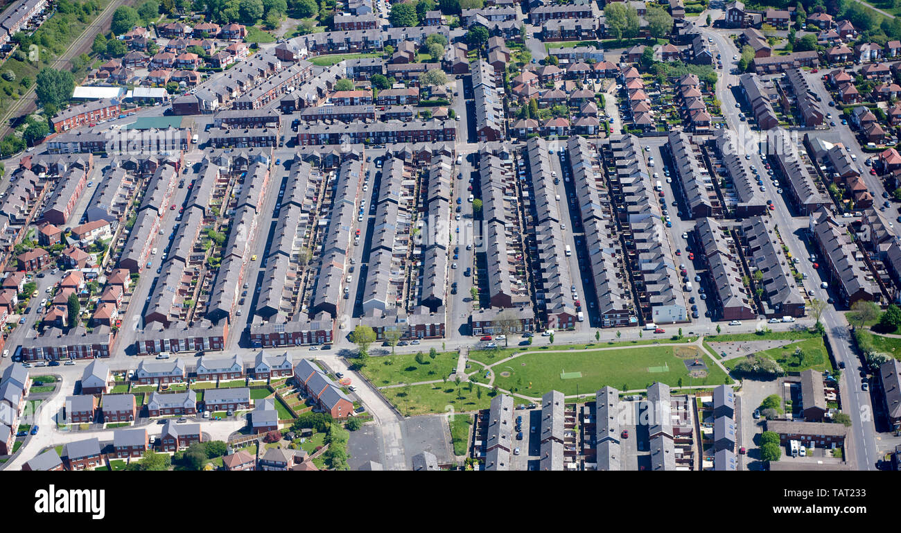 An aerial view of Terrace Housing and narrow streets, East Manchester, north west England, UK Stock Photo