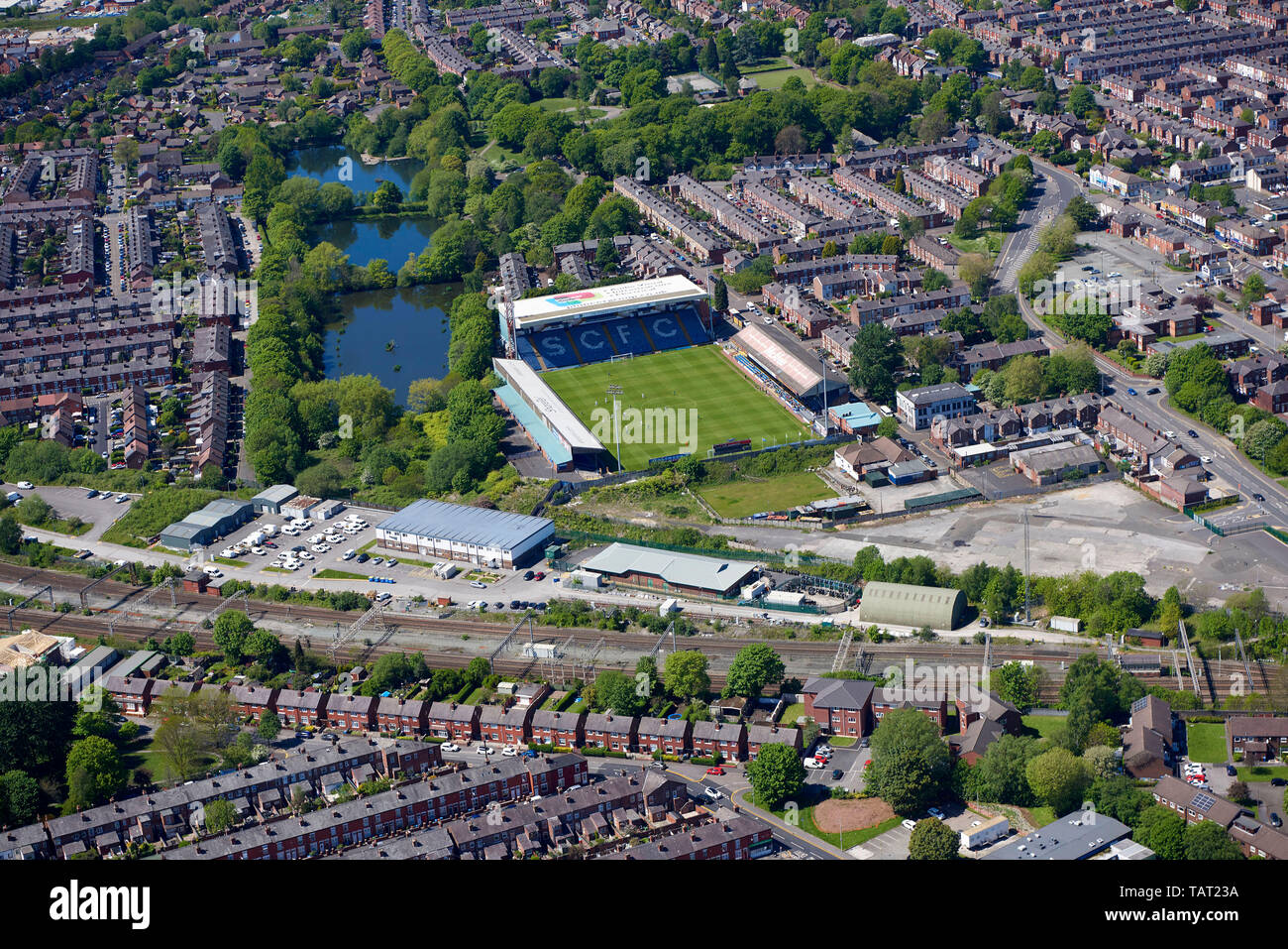 Stockport Stockport County Football ground, Northwest England, UK, from the air Stock Photo