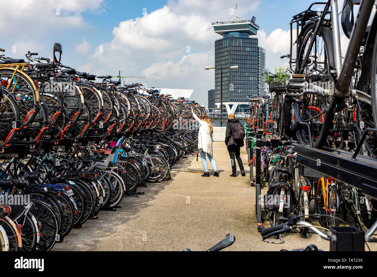 Amsterdam, Netherlands, bicycle parking garage, parking space for bikes at the central station, for over 2100 bicycles, free of charge, at the river I Stock Photo