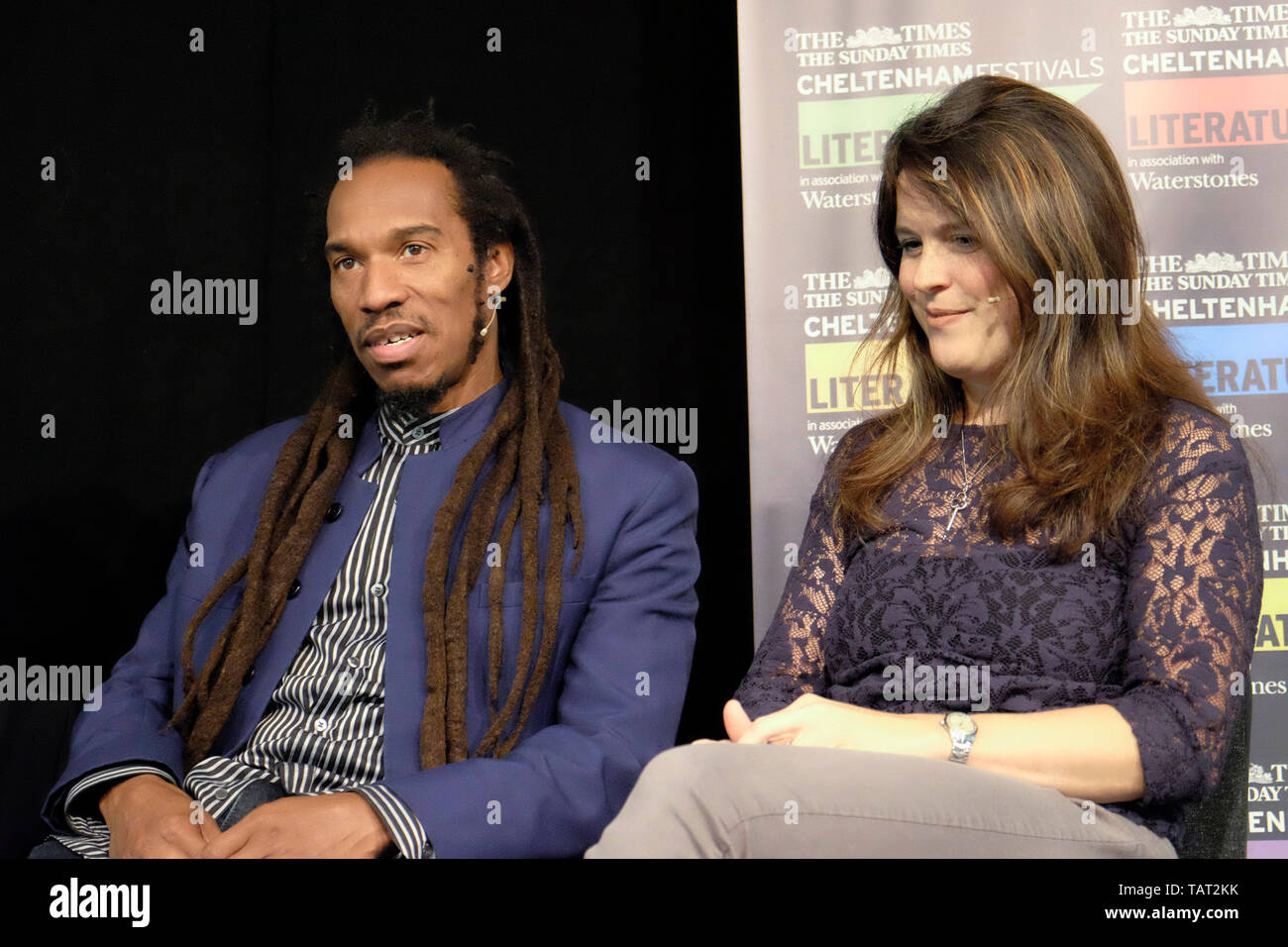 English Poet, novelist and playwright Benjamin Zephaniah with journalist and writer Catherine Bruton at the Cheltenham Literature Festival, October 11 Stock Photo