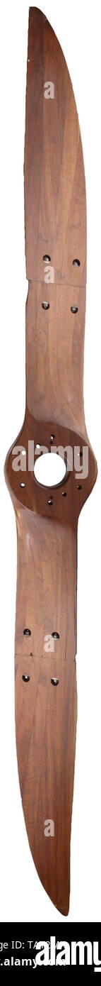 A propeller, Dark brown laminated wood, standard multi-piece version assembled with screws, the blades stamped 'Heine Propeller' and '260 PS MERCE D 320 ST 188 HEINE N 19681' the number '2737' and 'DVL' within an octagon. Signs of use. Length ca. 320 cm. troop, troops, armed forces, military, militaria, army, wing, group, air force, air forces, historic, historical 20th century, Editorial-Use-Only Stock Photo