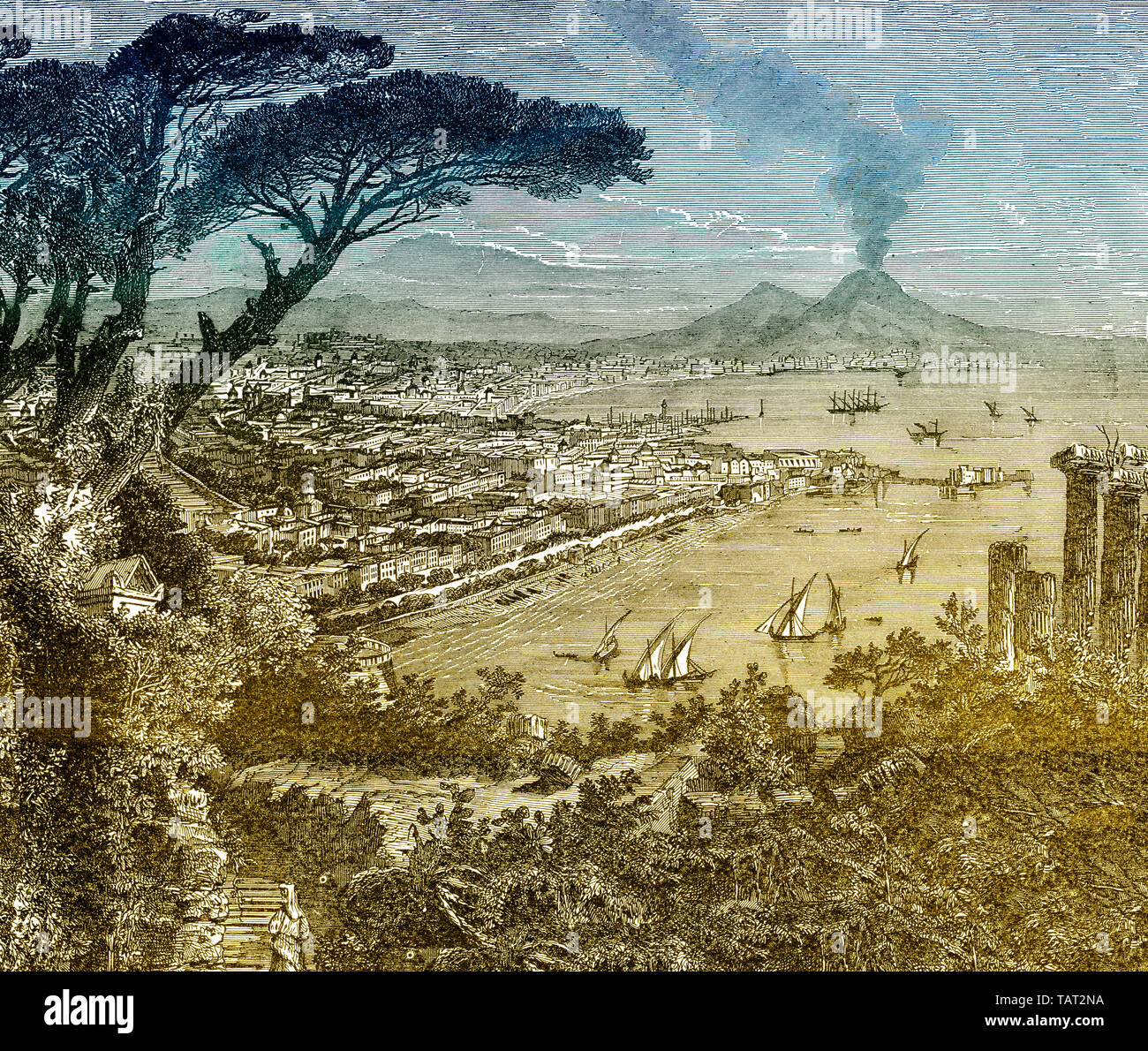 Cityscape of Naples with Mt Vesuvius, Italy, historical engraving, 19th