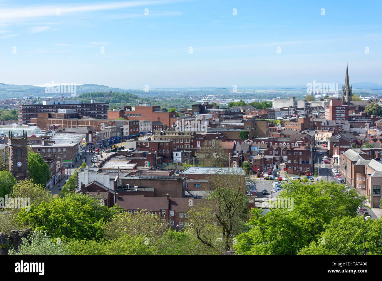 View of town centre from The Keep ramparts at Dudley Castle, Castle Hill, Dudley, West Midlands, England, United Kingdom Stock Photo