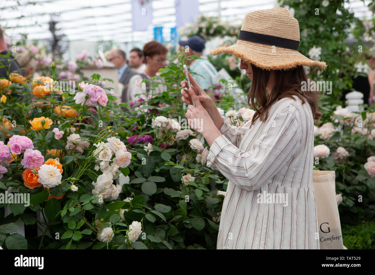 The RHS Chelsea Flower Show 2019: a young woman in a straw hat and white dress takes a photo with her phone at one of the commercial trade stands in the Great Pavillion. Stock Photo
