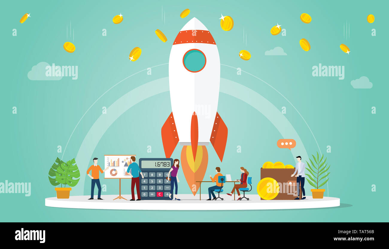 launch startup business concept with rocket and some financial business ...