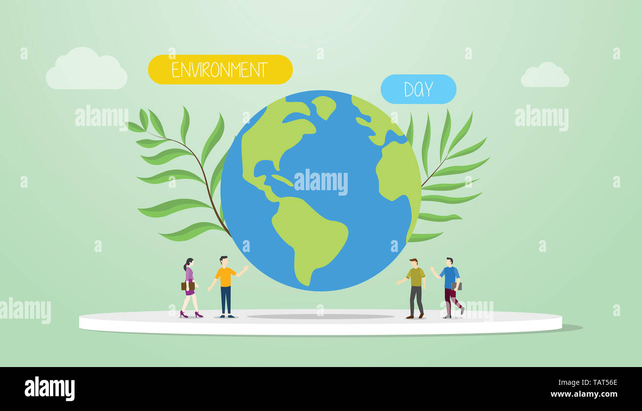 environment day concept with big earth and green plant with team people ...