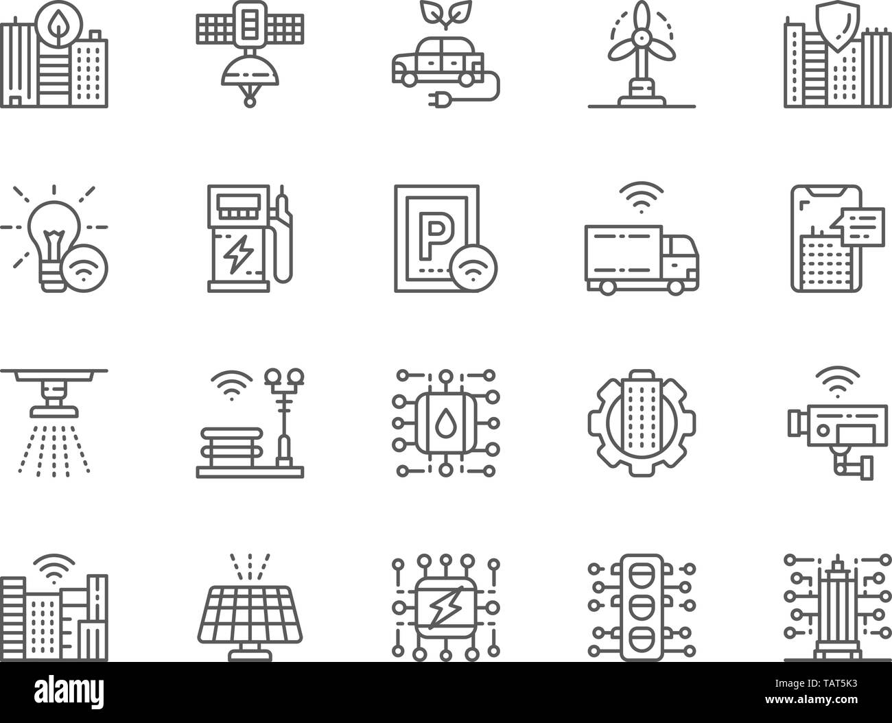 Set of Smart City Line Icons. Clean Town, Space Satellite Station and