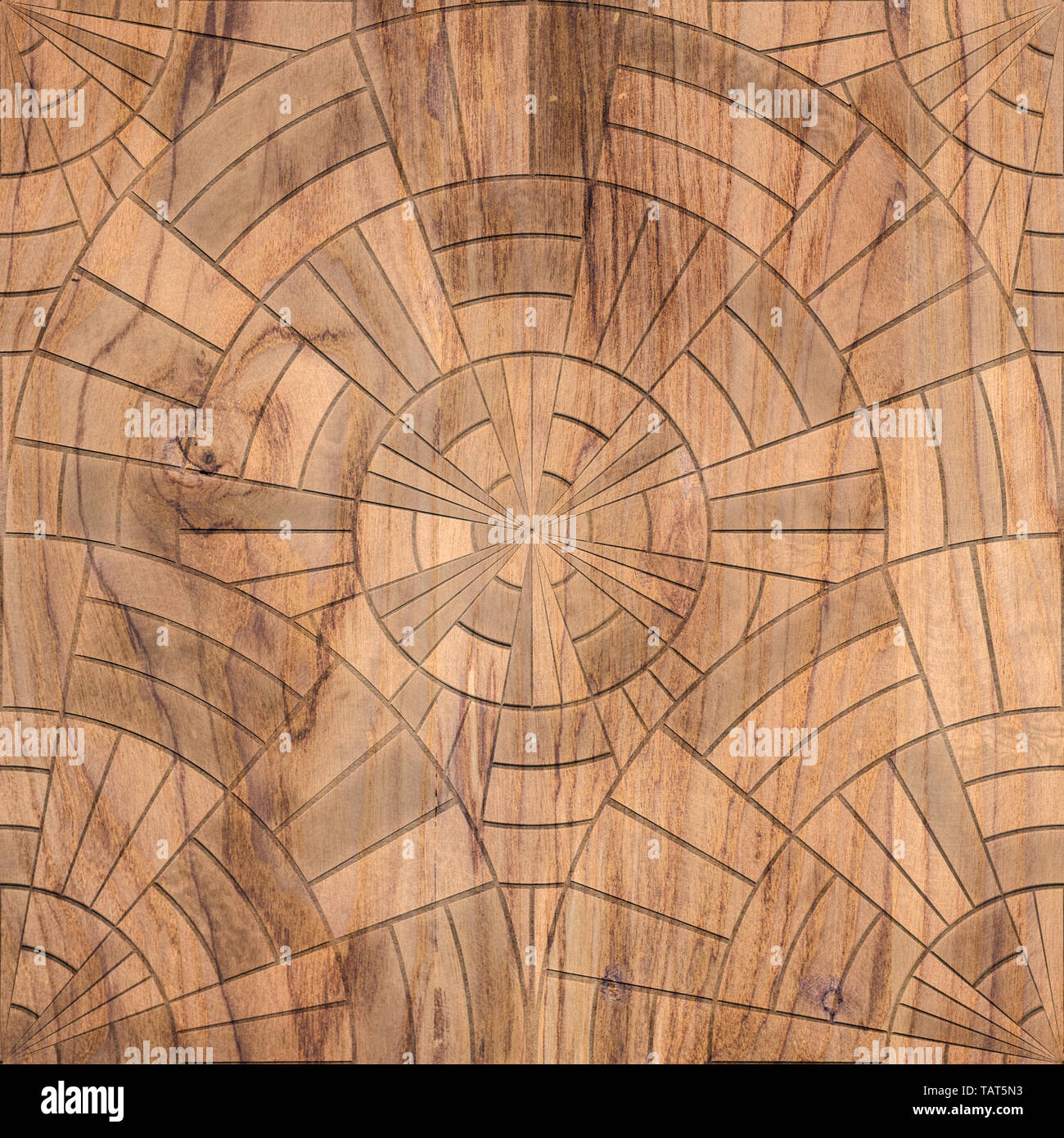 Carved geometric pattern on wood background seamless texture, 3d