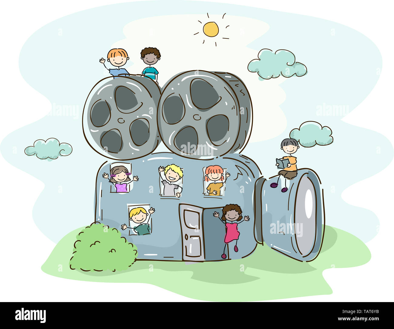 Illustration Of Stickman Kids With A Big Video Camera As A School Building Stock Photo Alamy