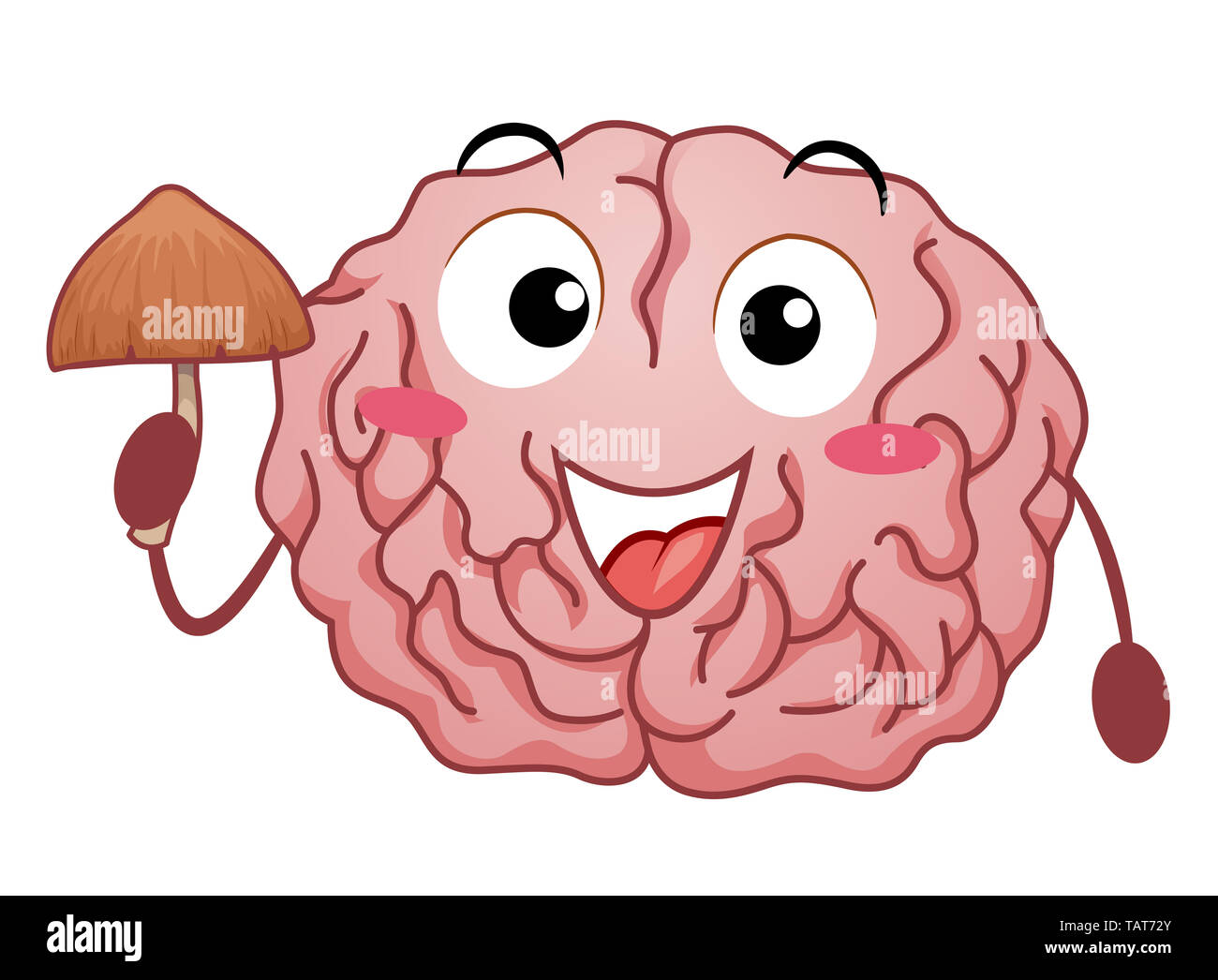 Illustration of a Brain Mascot Holding Magic Mushroom and Smiling Stock Photo