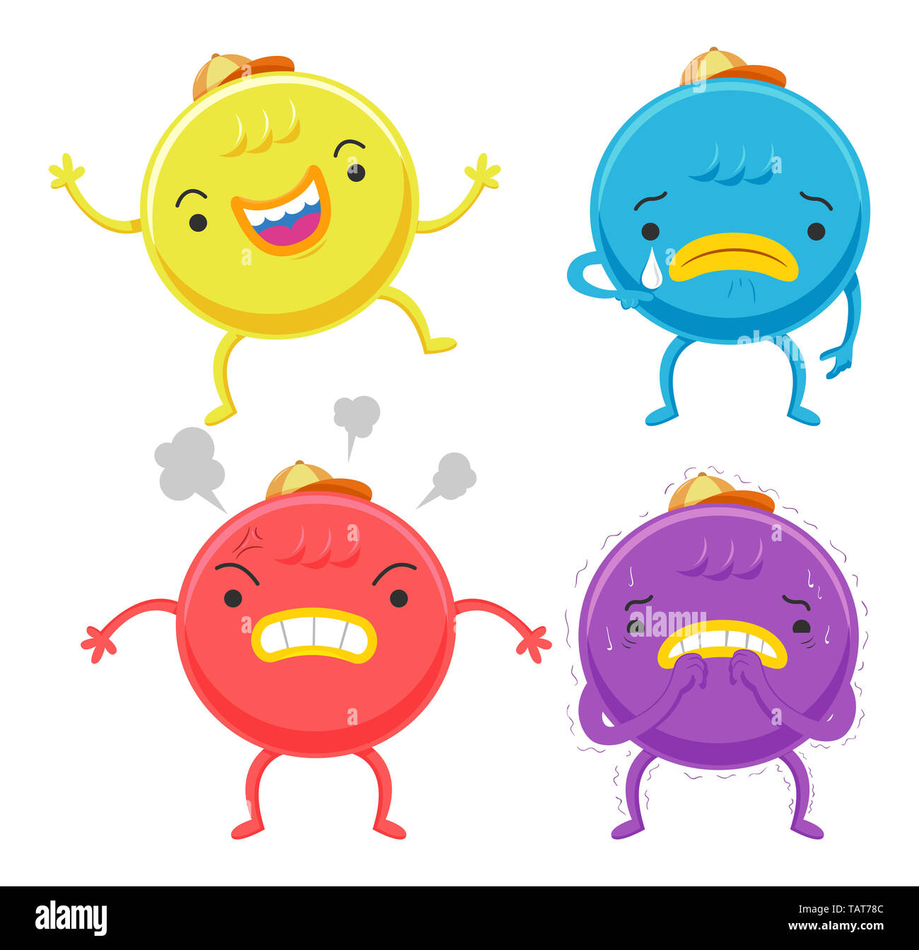Illustration of Cute Circle Monsters Showing Different Emotions from Happy, Sad, Angry and Scared Stock Photo
