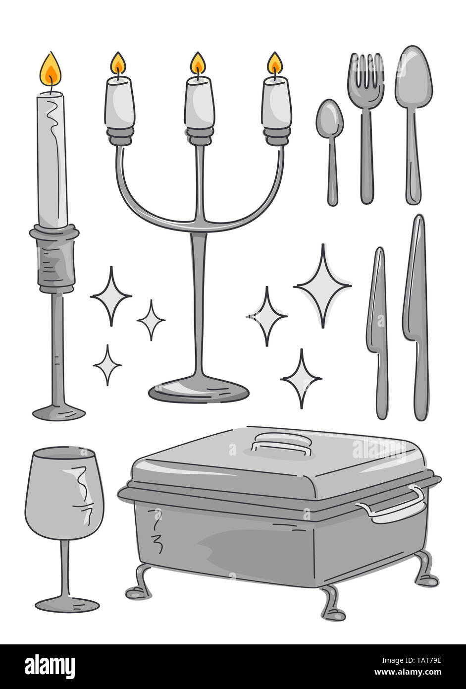 Illustration of Silverware Items from Candle Holders, Goblets, Serving