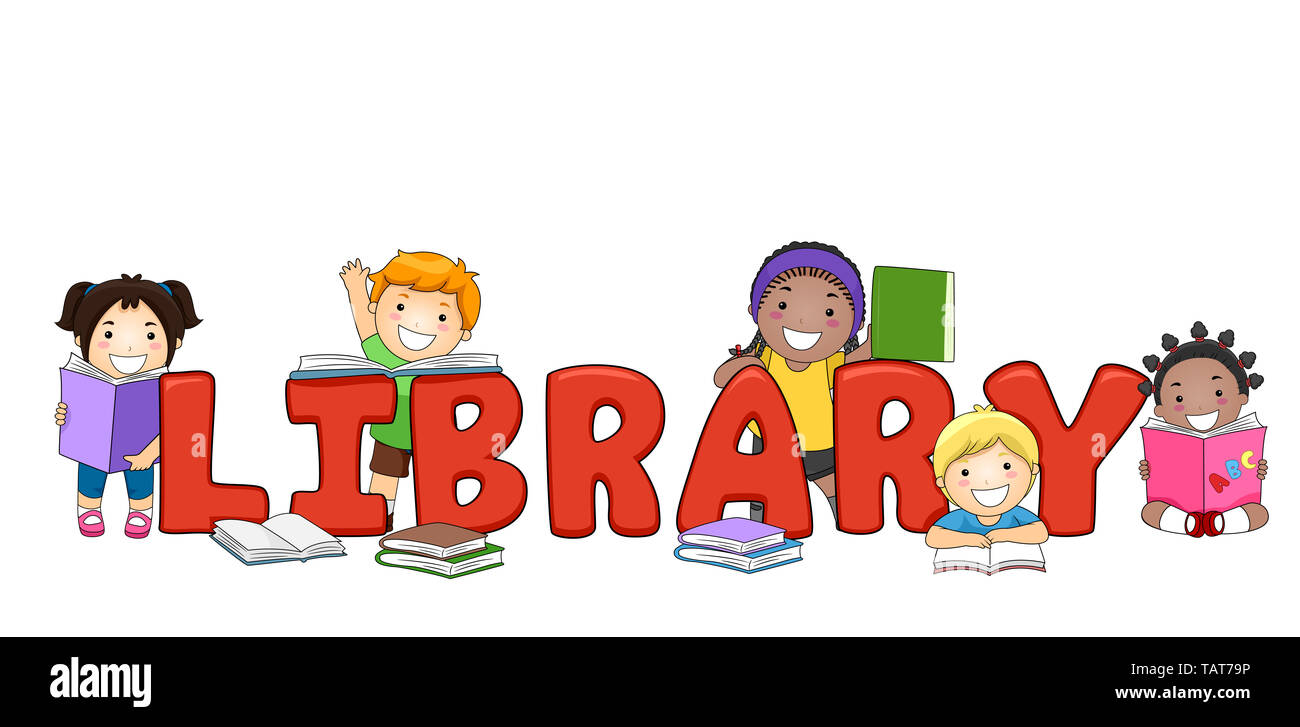 photo Pictures Of Library For Kids https www alamy com illustration of library lettering with kids and books image247624322 html