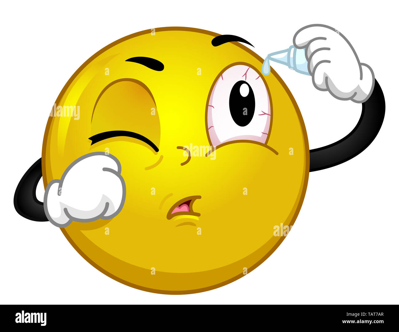 Illustration of a Smiley Mascot Using Eye Drops on Its Red Eye Stock