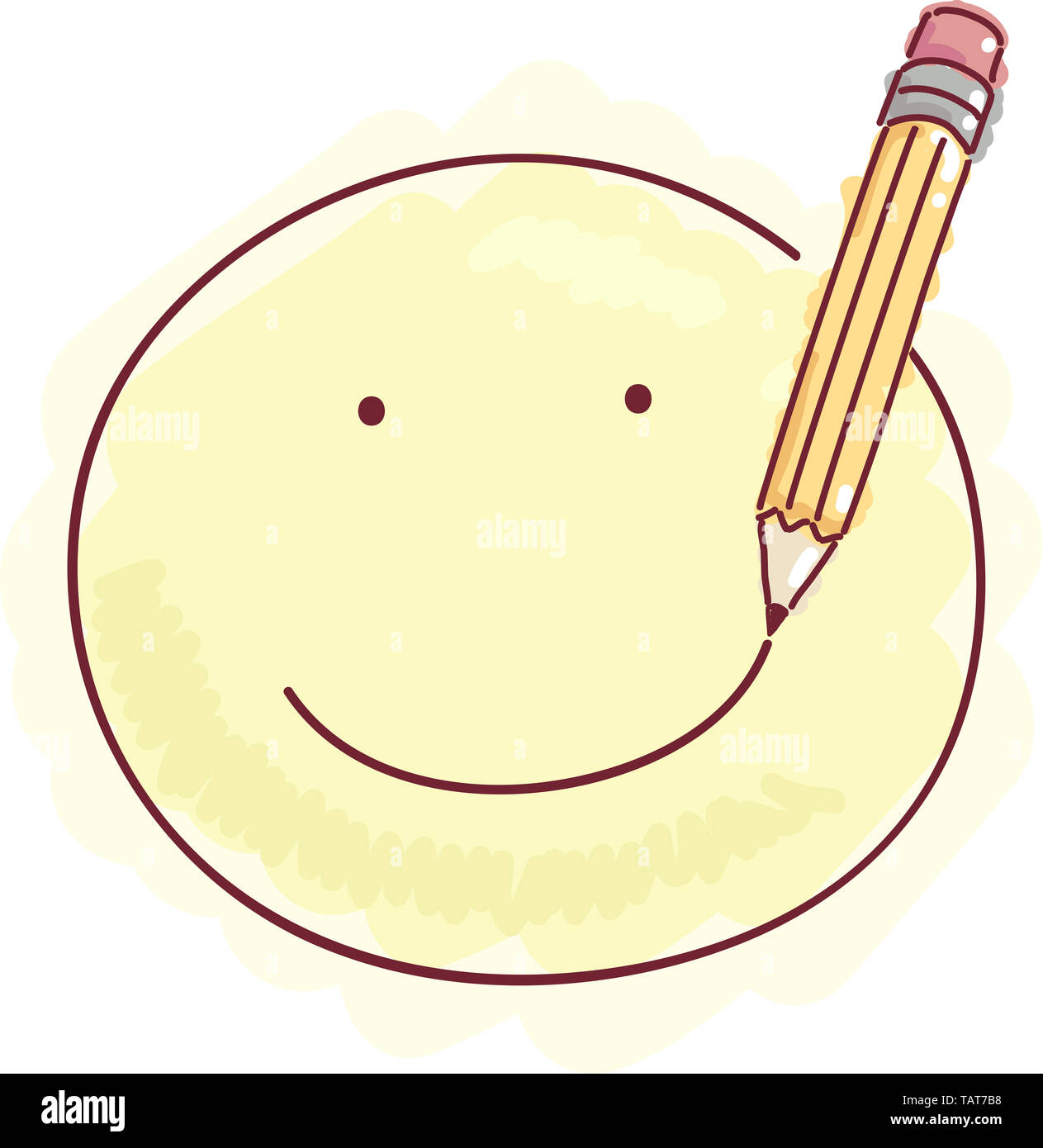 Doodle Illustration of a Pencil Drawing a Smile on a Round and Yellow