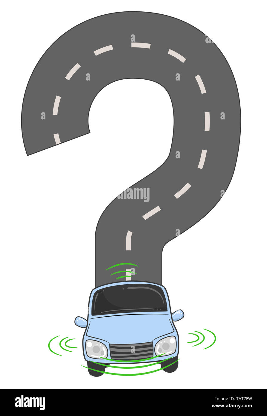 Illustration of a Self Driving Car with Road Shaped As Question Mark Stock Photo