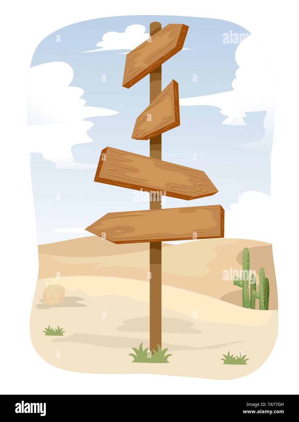 Illustration of a Wooden Direction Signs in the Desert Stock Photo