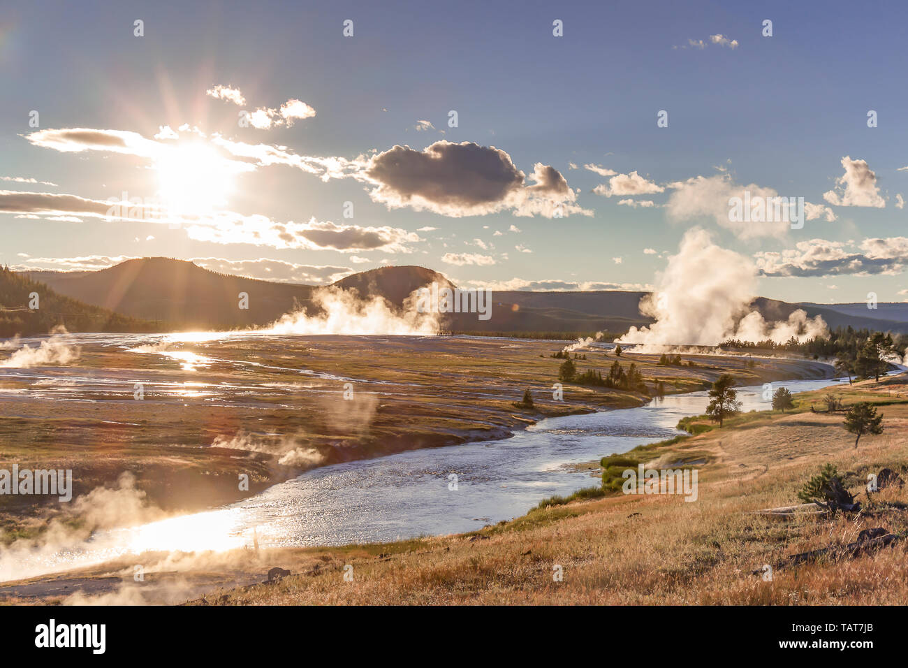 Late evening view of steam rising from the many hot springs of Midway Geyser Basin in Yellowstone National Park, Wyoming, USA. Stock Photo