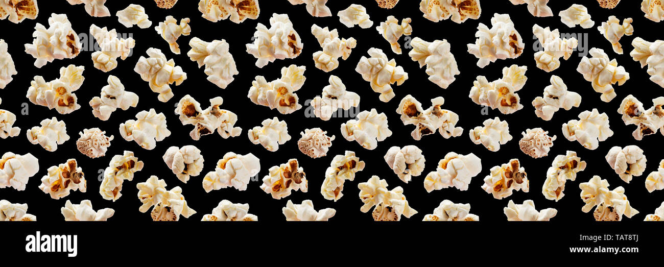Popcorn seamless pattern. Pop corn on black background Stock Photo