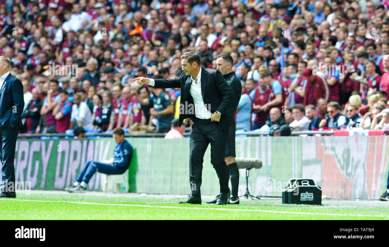 Derby manager Frank Lampard during the EFL Sky Bet  Championship Play-Off Final match between Aston Villa and Derby County at Wembley Stadium , London , 27 May 2019 Editorial use only. No merchandising. For Football images FA and Premier League restrictions apply inc. no internet/mobile usage without FAPL license - for details contact Football Dataco Stock Photo