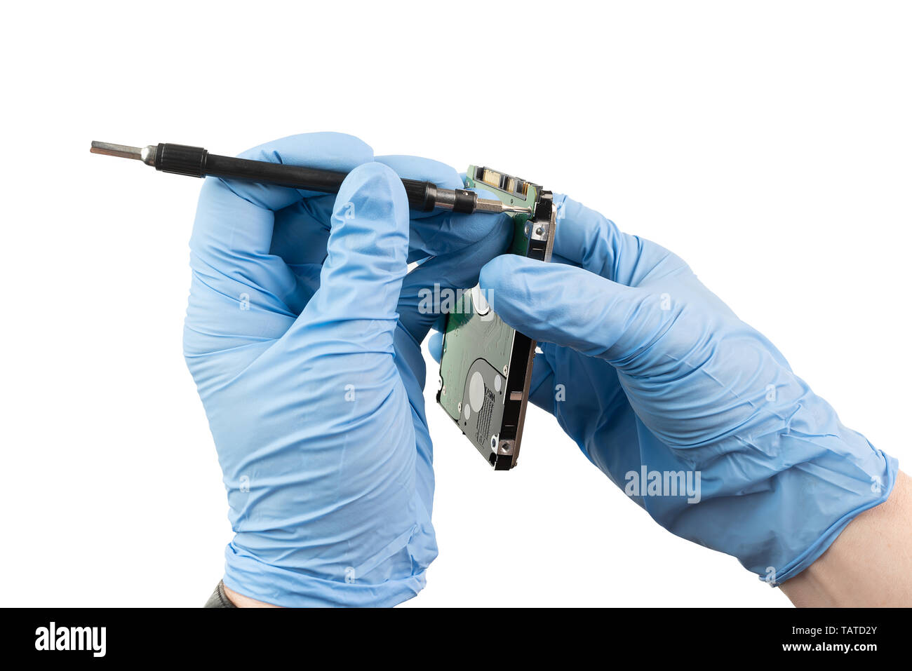 open a hard drive under laboratory conditions with gloves Stock Photo