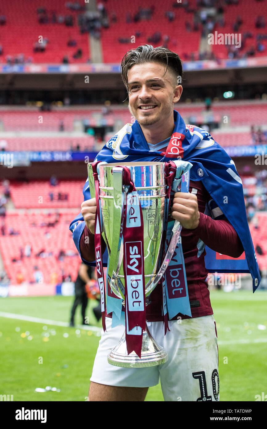 LONDON, ENGLAND - MAY 27: Jack Grealish of Aston Villa lifts the trophy during the Sky Bet Championship Play-off Final match between Aston Villa and Derby County at Wembley Stadium on May 27, 2019 in London, United Kingdom. (Photo by Sebastian Frej/MB Media) Stock Photo
