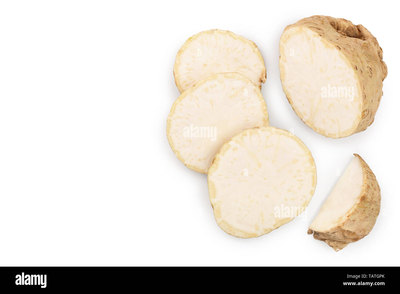 Fresh celery root isolated on white background. Top view. Flat lay ...