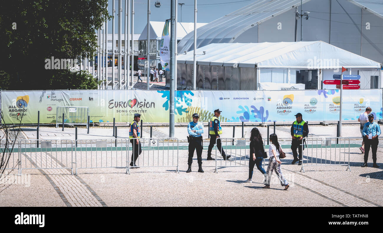 Lisbon, Portugal - May 7, 2018: Security team monitoring the entrances to 2018 Eurovision on a spring day Stock Photo