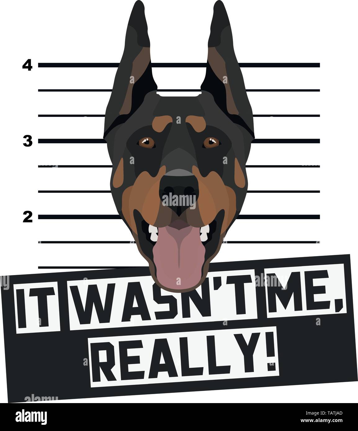 Illustration Mugshot Doberman - The guilty dog gets a police photo. Dog lovers and dog fans love them sassy dog. Stock Vector