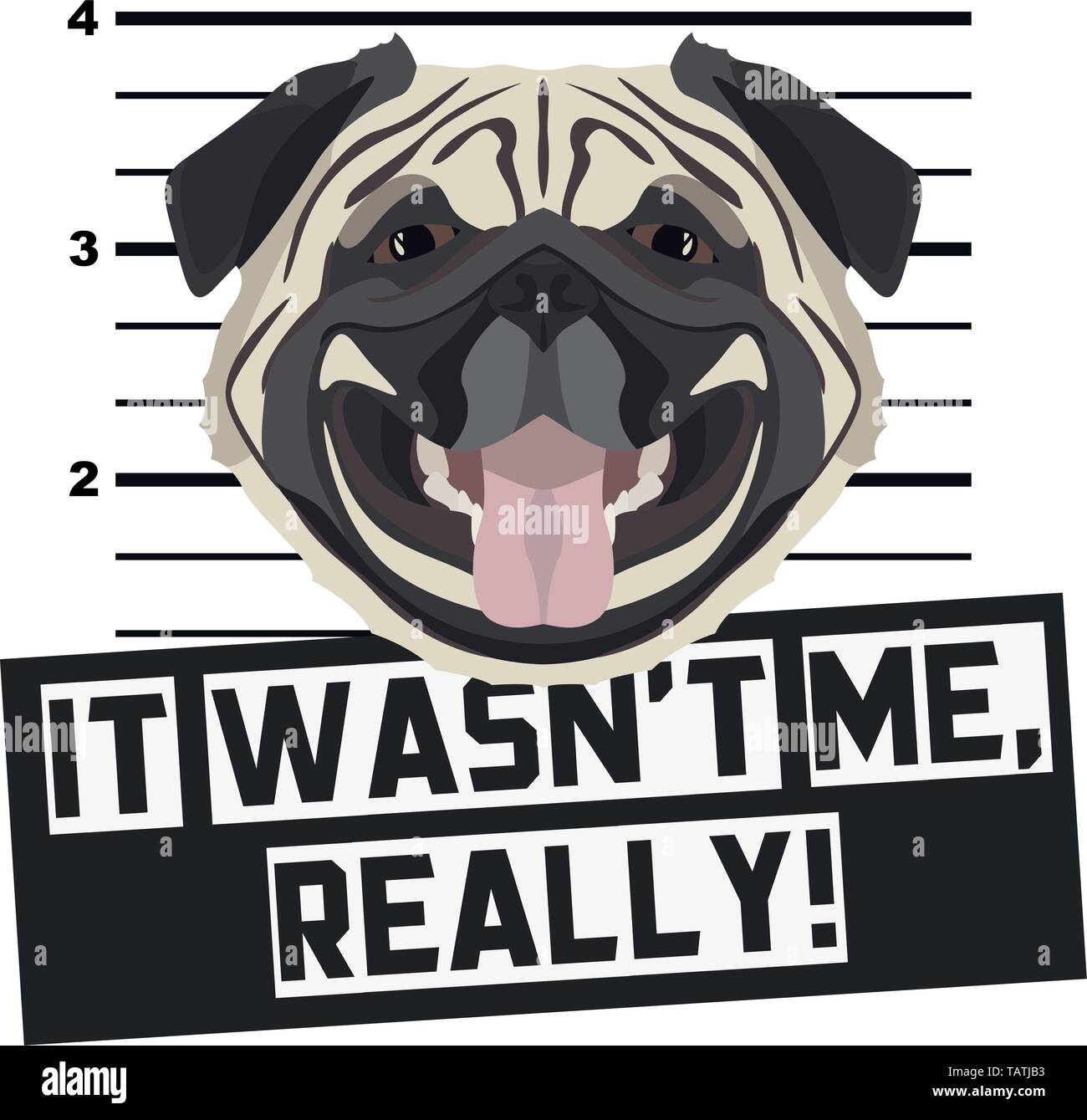 Illustration Mugshot Pug – The guilty dog gets a police photo. Dog lovers and dog fans love them sassy dog. Stock Vector