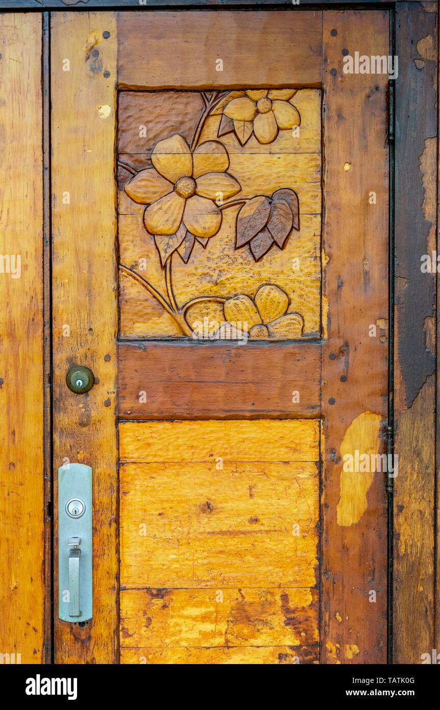 Ornate Hand Carved Heavy Old Varnished Wooden Door With Dogwood