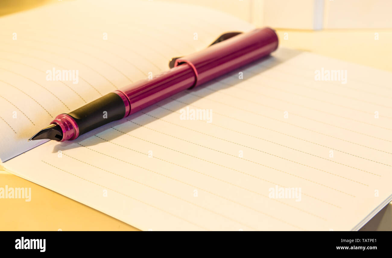 a pen on notebook closeup view Stock Photo