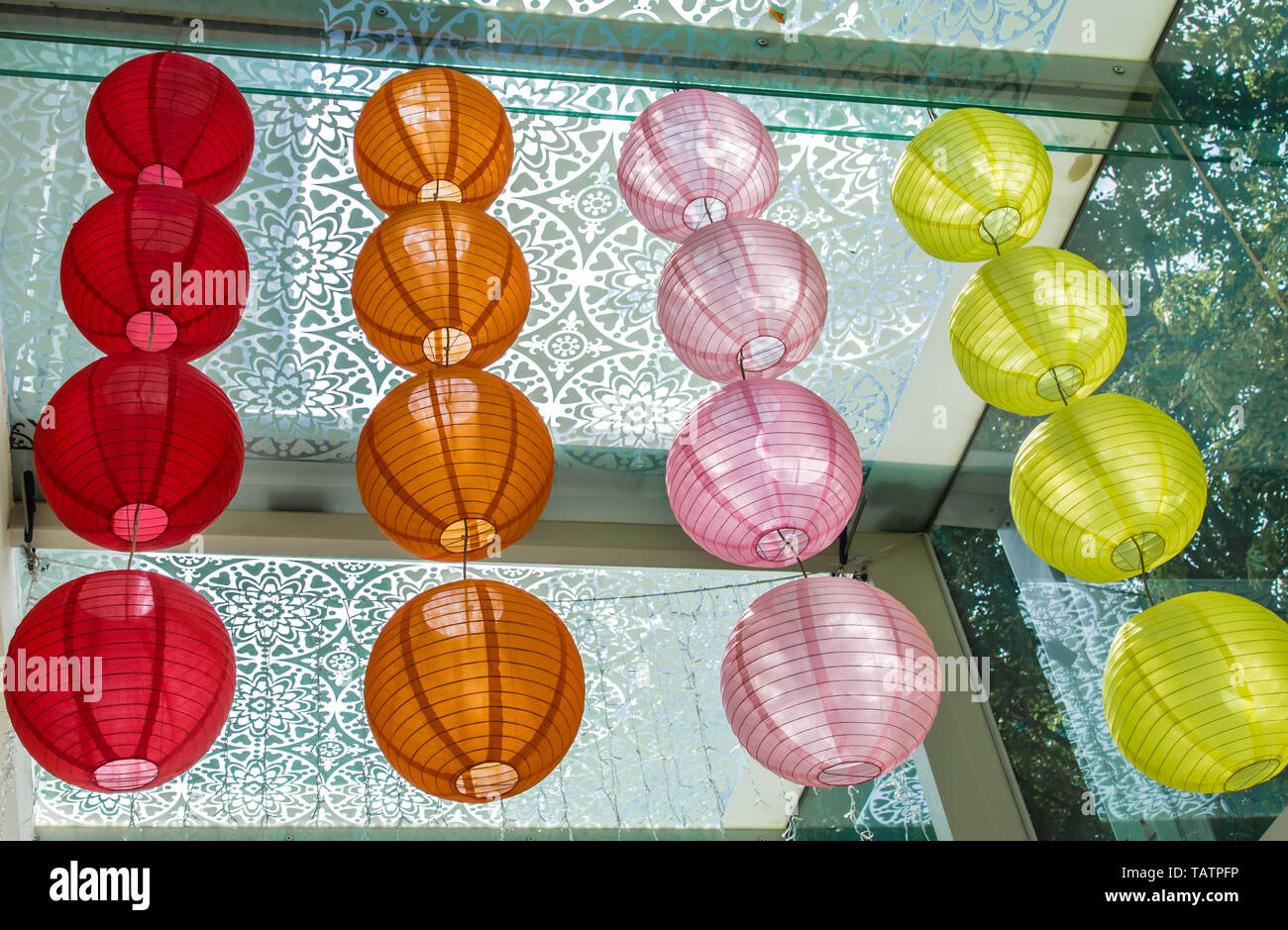 Colorful Japan Style Lantern Hang On The Glass Ceiling Stock