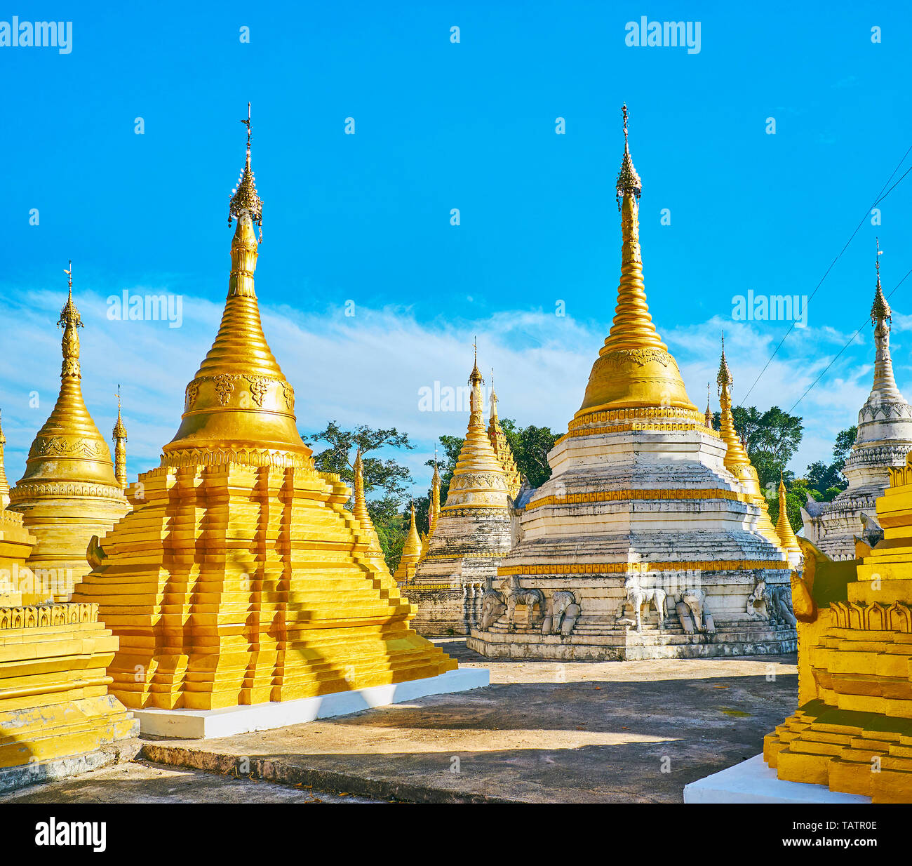 Ornate relief decorations of stupas in Nget Pyaw Taw Paya complex with ornaments, carved belts and sculptures of elephants and horses, Pindaya, Myanma Stock Photo