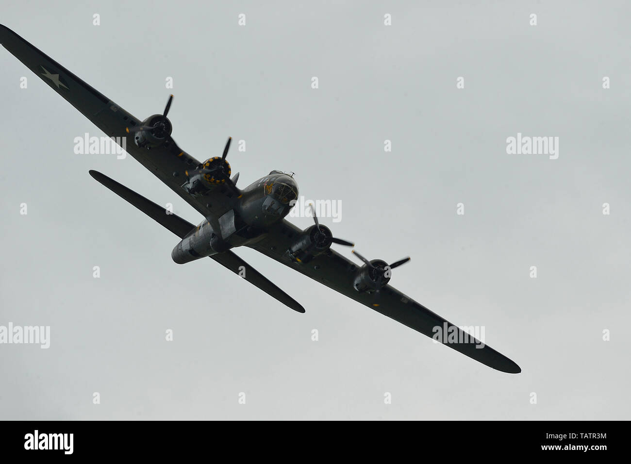 B-17 Flying Fortress G-BEDF 'Sally B' performs an aerial demonstration during the Duxford Air Festival at Imperial War Museum Duxford, England, May 26, 2019. Built as a Boeing B-17G-105-VE c/n 8693, the future Sally B was one of the last to be constructed by the Lockheed-Vega plant at Burbank, California, in 1945. (U.S. Air Force photo by Master Sgt. Eric Burks) Stock Photo