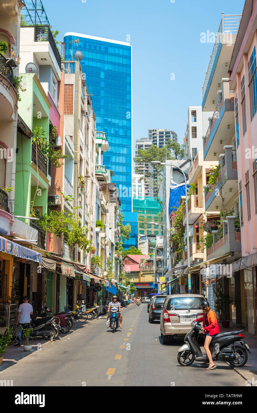 Ho Chi Minh City, Vietnam - April 7, 2019: Le Cong Kieu Street. A vertical photograph. Stock Photo