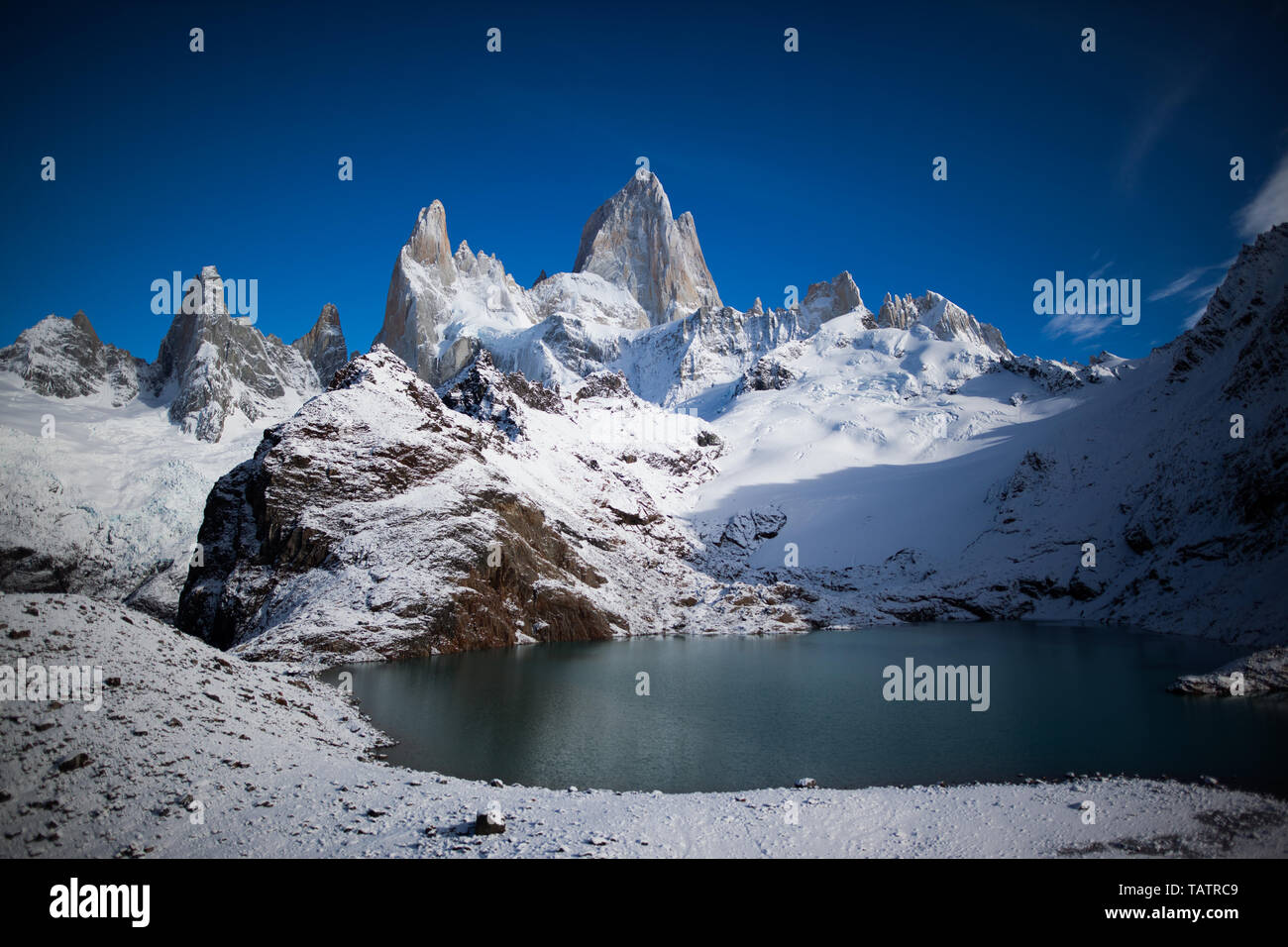 Fitz Roy mountain near El Chalten, in the Southern Patagonia, on the border between Argentina and Chile. Autumn view from the trail. Stock Photo