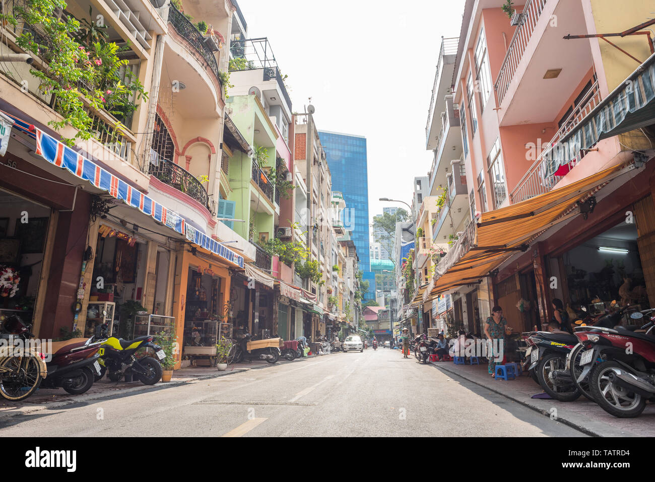 Ho Chi Minh City, Vietnam - April 8, 2019: the perspective of Le Cong Kieu Street. Stock Photo